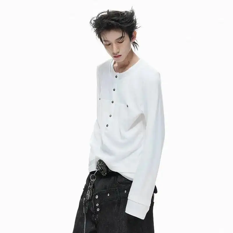 LUZHEN Sleeve Solid 2026 Buttoned Decorate Long Spring Color New T-shirts Men's Fashion Handsome Round Neck Casual Tops JY7746
