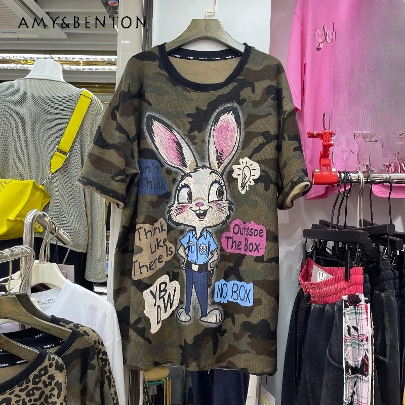 

Осенняя футболка с короткими рукавами и принтом кролика для тяжелой промышленности, пуловер, женский свободный повседневный топ средней длины, футболки Y2k