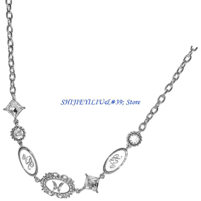 E21F Silver Tone Butterfly Chain Jewelry with Crystal Detail and White Plaques, Fashion Gift for Everyday Styling Looks