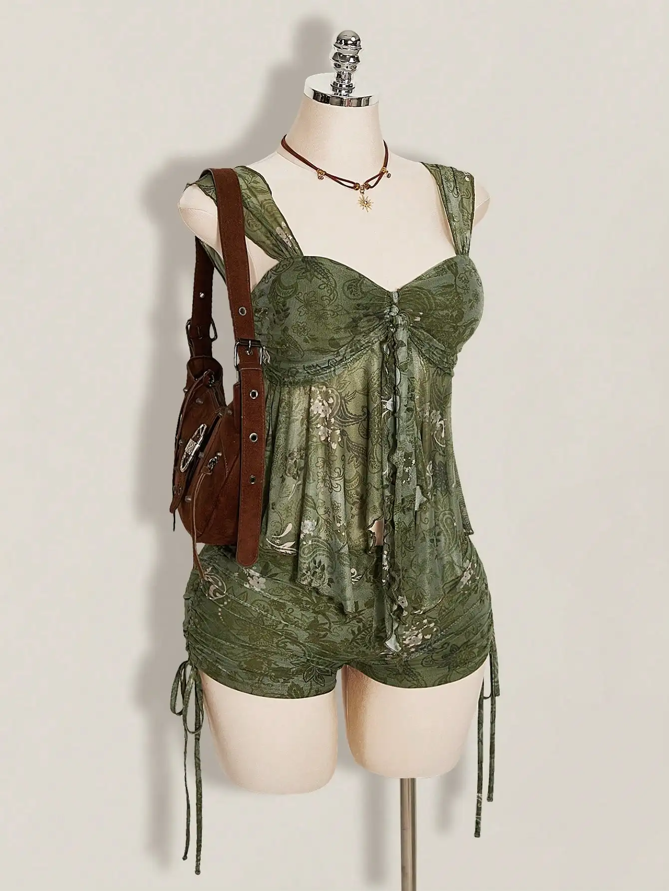 2-Piece Boho Floral Print Set, Ruched Tie Strap Cami & Drawstring Waist Shorts, Summer Vacation Going Out Beige Outfit for Women