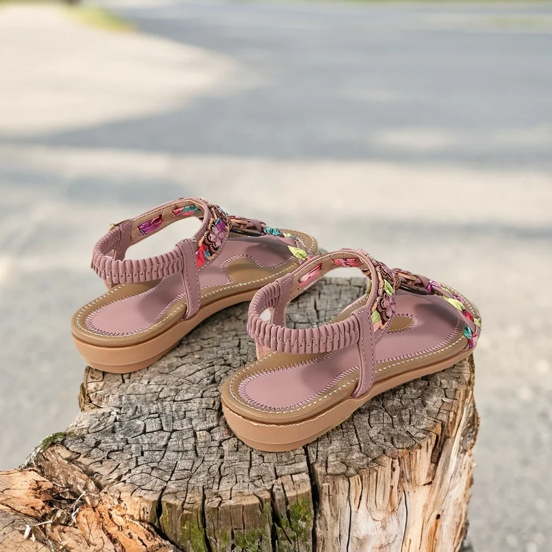 Sandalias romanas para niñas, zapatos de playa de verano para niños, nuevas sandalias planas con lentejuelas y diamantes de imitación para niños, sandalias rosas con punta abierta para chico