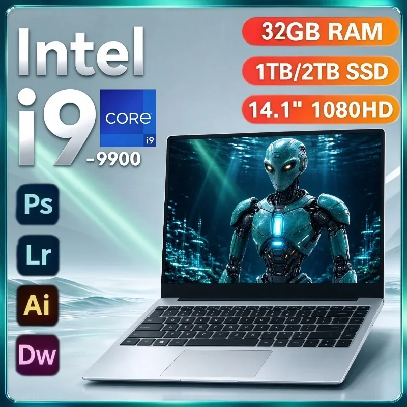 Lightweight 14.1 Inch Notebook PC Intel Core I9 9900 Windows11 32GB RAM 2TB SSD Laptop For Home Business Entertainment