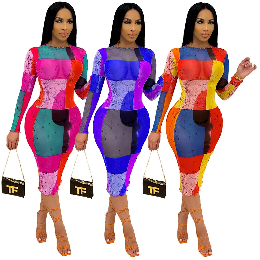 

K9929Summer Mesh Printed Slim Fit Sexy Nightclub Dress Refund when out of stock