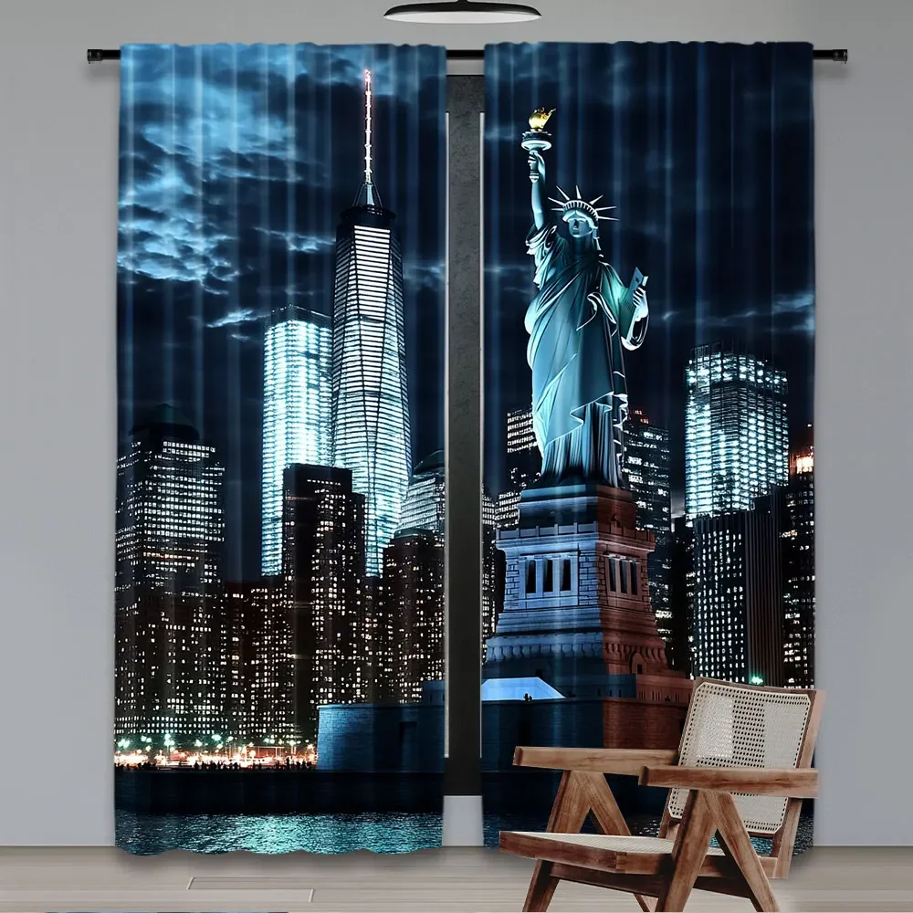 2Pcs Statue Of Liberty Curtain New York City Skyscraper Urban Night Scene Skyline Cityscape Landmark Home Decor Nyc Party