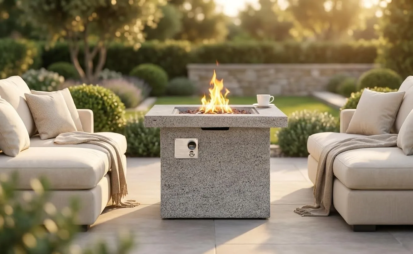 32'' Outdoor Square Fire Pit with Hidden Propane Tanks, CSA Certified Concrete Propane Fire Pit Table, 40000 BTtainl