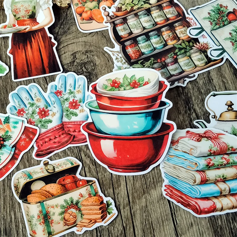 Watercolor Retro Christmas Kitchen Figure Kitchen Tools Stickers Vintage, Waterproof   for Photo Album stationery scrapbooking