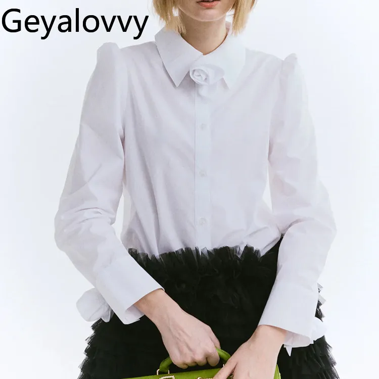 

Japanese Chic Rose Embellished White Blouse Women Shirts Chic Elegant Featuring 3d Flower Puff Long Sleeve Top Summer Shirt