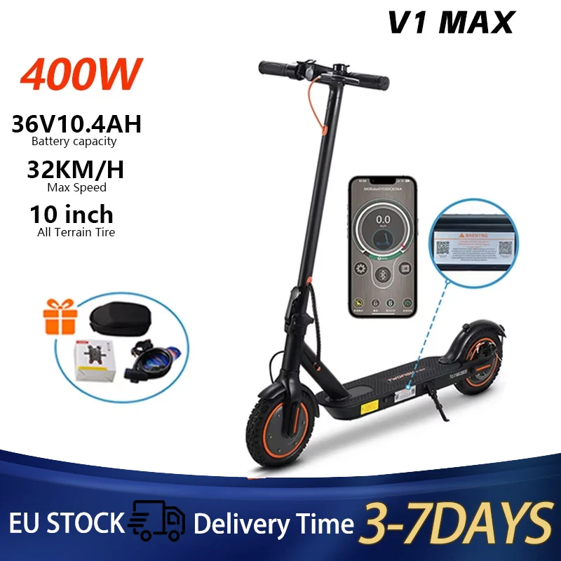 TWOFISH V1 MAX Scooter elettrico 400W 36V10.4AH 32 km/h Velocità massima Freno a disco posteriore Pneumatici fuoristrada da 9 pollici E-Scooter con Smart APP