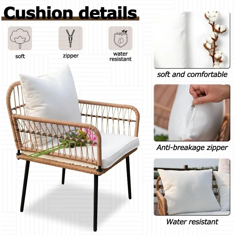 4 Piece Patio Furniture Set, Beige Braided Rope Bohemian Chaise Lounge, Porch Backyard Garden Balcony Outdoor Furniture