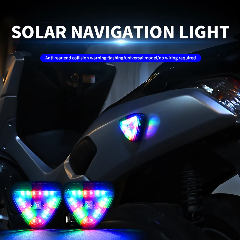 Triangles Solar Power Strobe Warning Light Motorcycle Car Motorbike Tail Colorful LED Night Rear Collision Flashing Signal Lamp