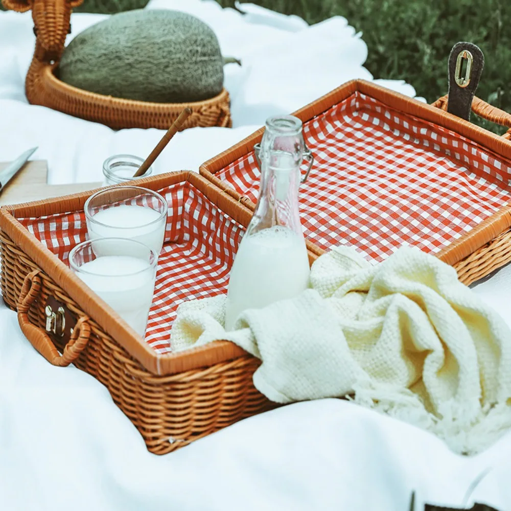 Retro Rattan Baskets Creative Picnic Food Storage Wicker Basket Camping Travel Straw Woven Suitcase Box Cosmetic Women Tote Bag