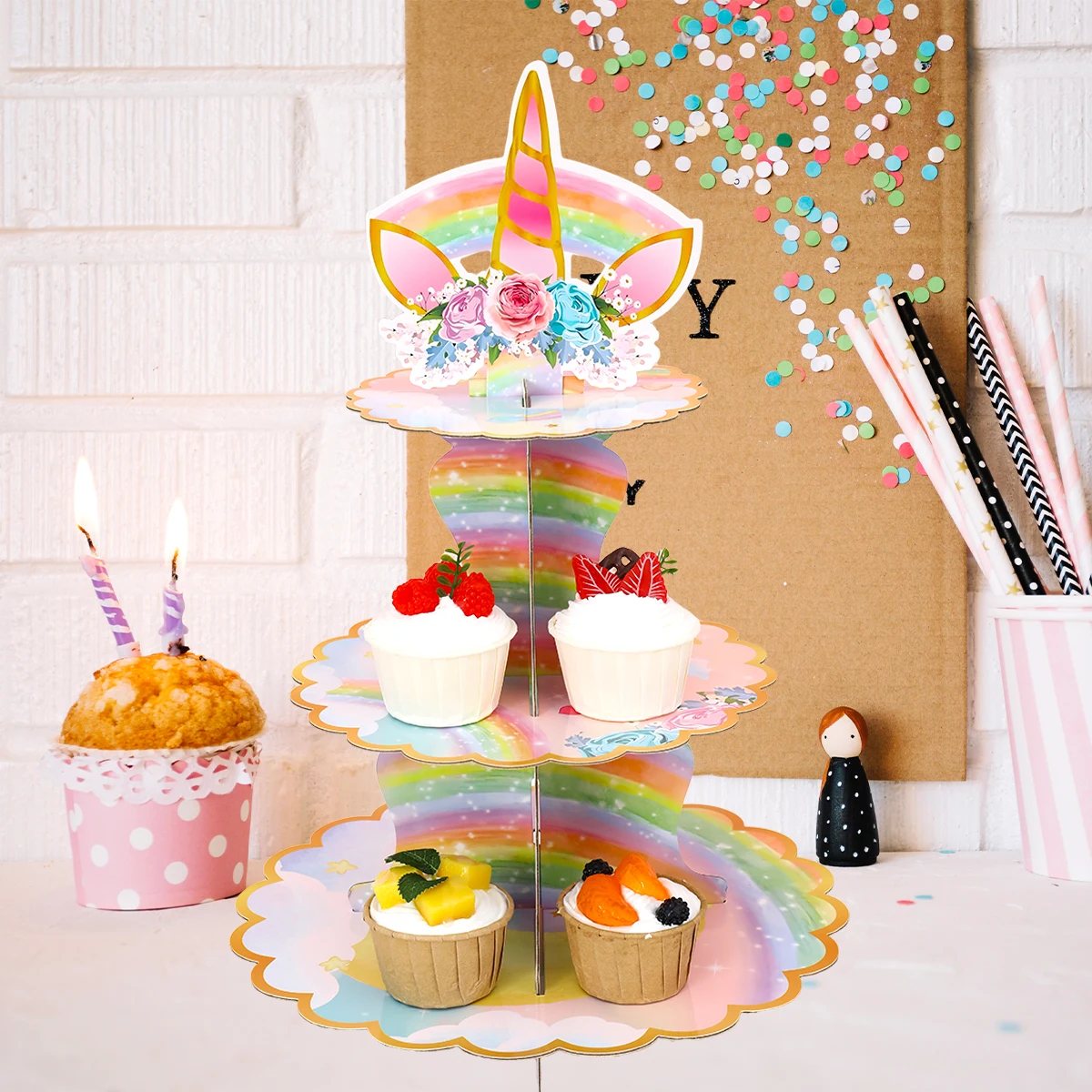 3-poziomowy stojak na ciasto z jednorożcem Urodzinowa dekoracja babeczek Party Deser Stojak na ciasto Cupcake Tower Girs Birthday Party Supplies