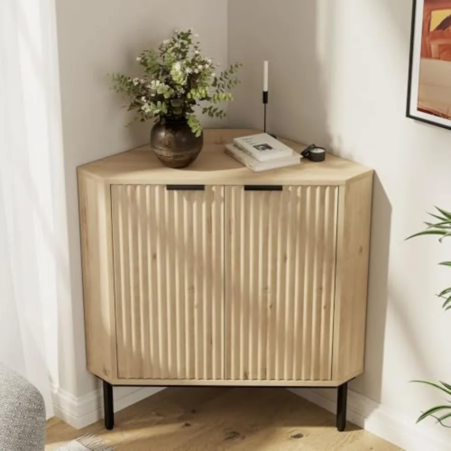 Modern Corner Cabinet in Warm Wood Tone, Fluted Texture Floor Storage Cabinet with Adjustable Shelf, Freestanding Narrow Organi