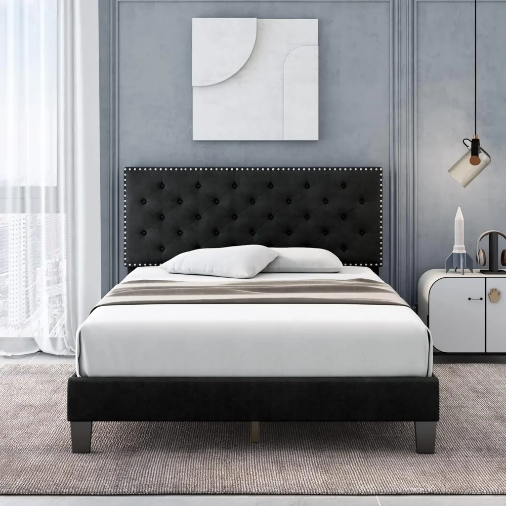 HOSTACK Full Size Bed Frame, Modern Upholstered Platform Bed with Adjustable Headboard, Heavy Duty Button Tufted Bed Frame with