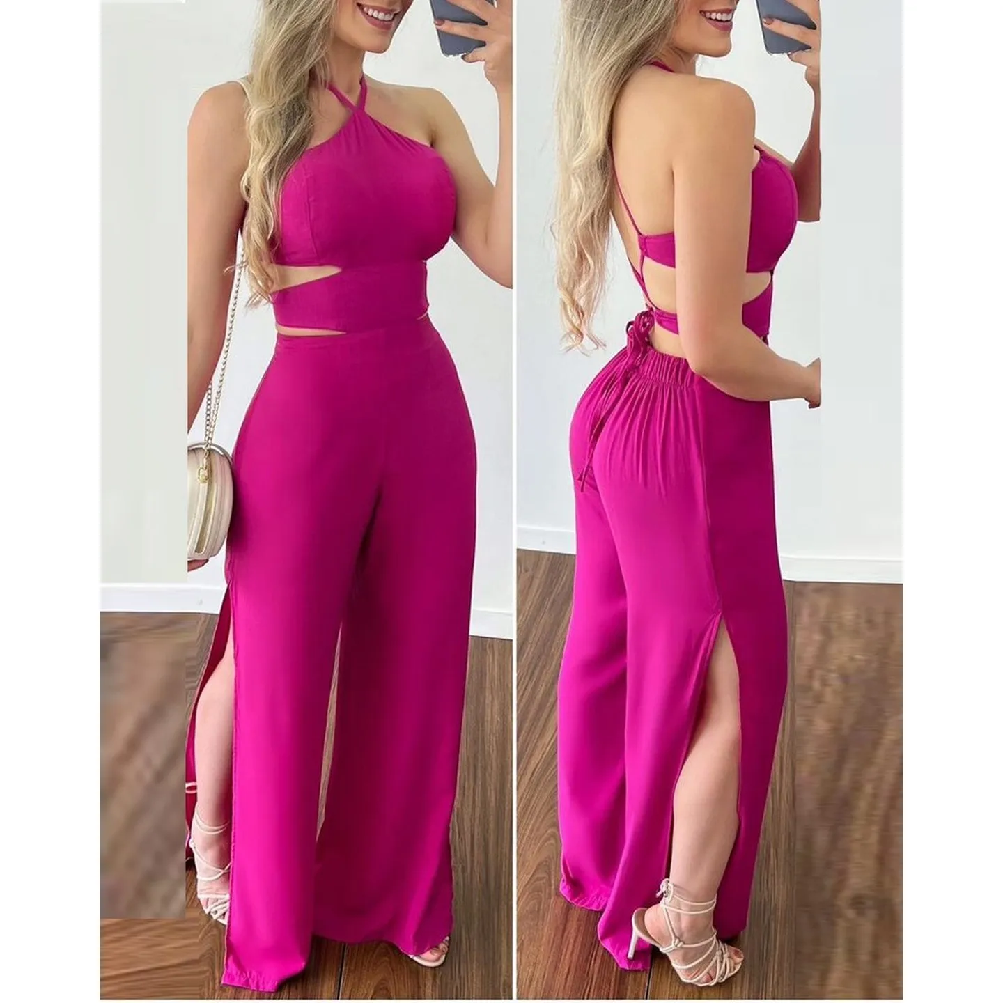 

Color ter Cutout Jumpsuit Street Sle Asymmetric T-irt Dr with Split Hem for Middle-Aged Women Polyester Fiber