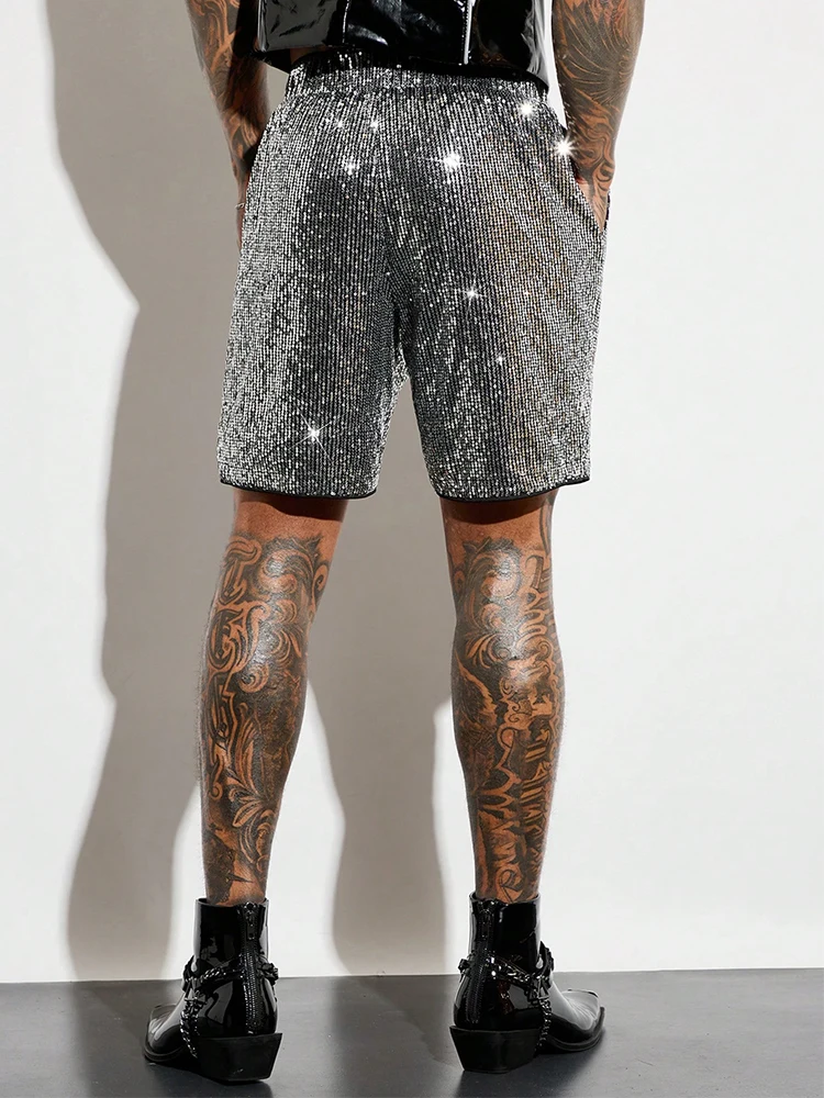 Vintage Shiny Glitter Shorts For Mens Party Fashionable Sequin Loose Straight Shorts Spring Summer Trendy Solid Color Men Shorts