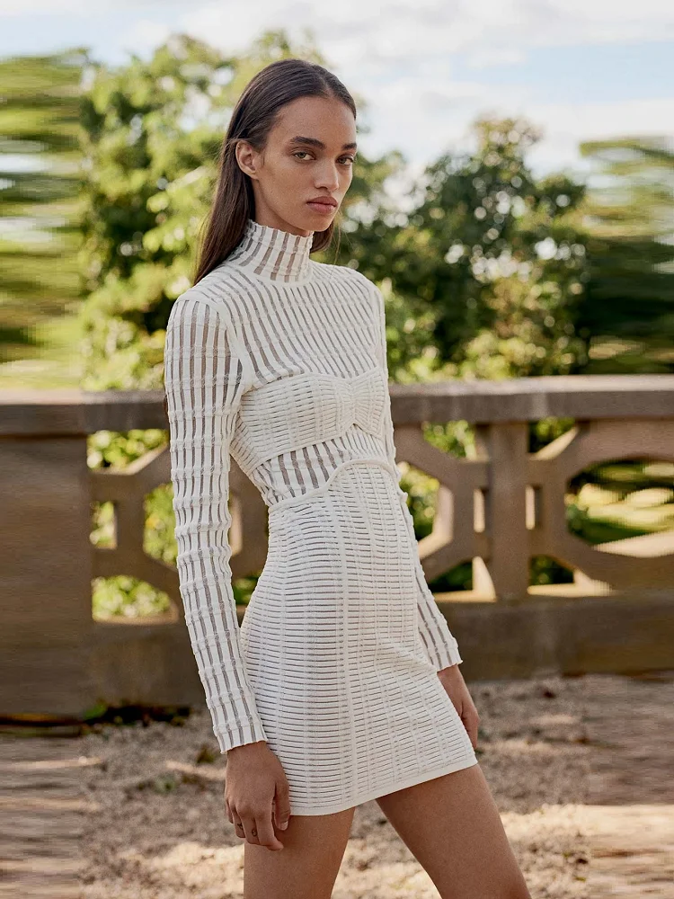 

2024 New Sexy White Gauze Round Neck Semi-high Neck Short Slim Bandage Dress In Summer