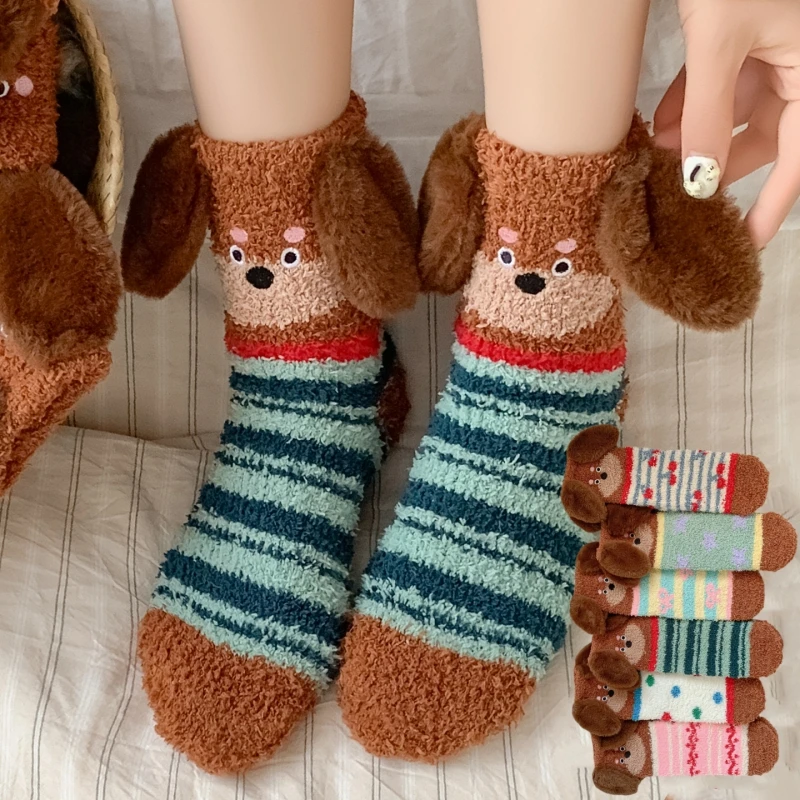 

Женские носки из кораллового флиса, утепленные носки до середины икры с рисунком собаки, зимние теплые послеродовые носки, домашние носки для пар, Calcetines