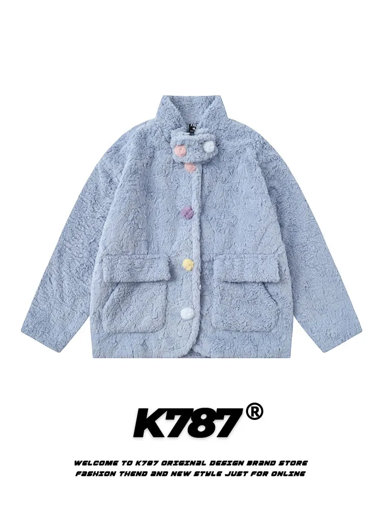 

K787 American Retro Fce Lined Cotton Jaet Coat Men's Women's Couple's Milk Blue Color Ball Plu Thi Winter Outerwear