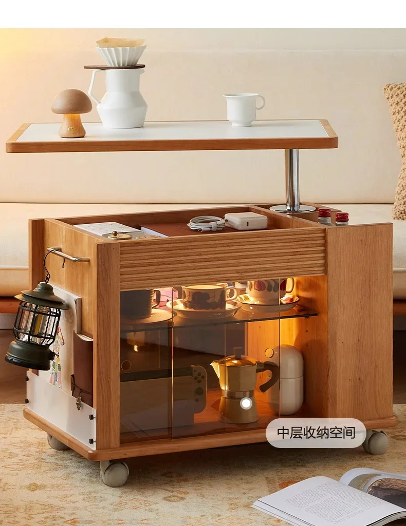 

Cherry wood rock slab mobile trolley, a few tea cabinets by the sofa, and storage side cabinets.