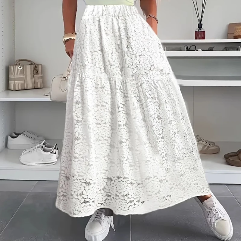 

Sexy Emboridery Lace Hollow Out Crochet Skirts Womens Spring Elastic Waist Office Lady Skirts Summer Streetwear Boho Long Skirts