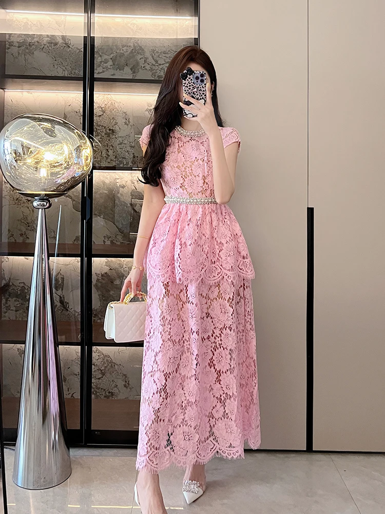 

Summer New Unique Design Lace Dr Women's ort Sve round Ne Waist Cinching Slimming Long Dr Casual High Waist Cotton