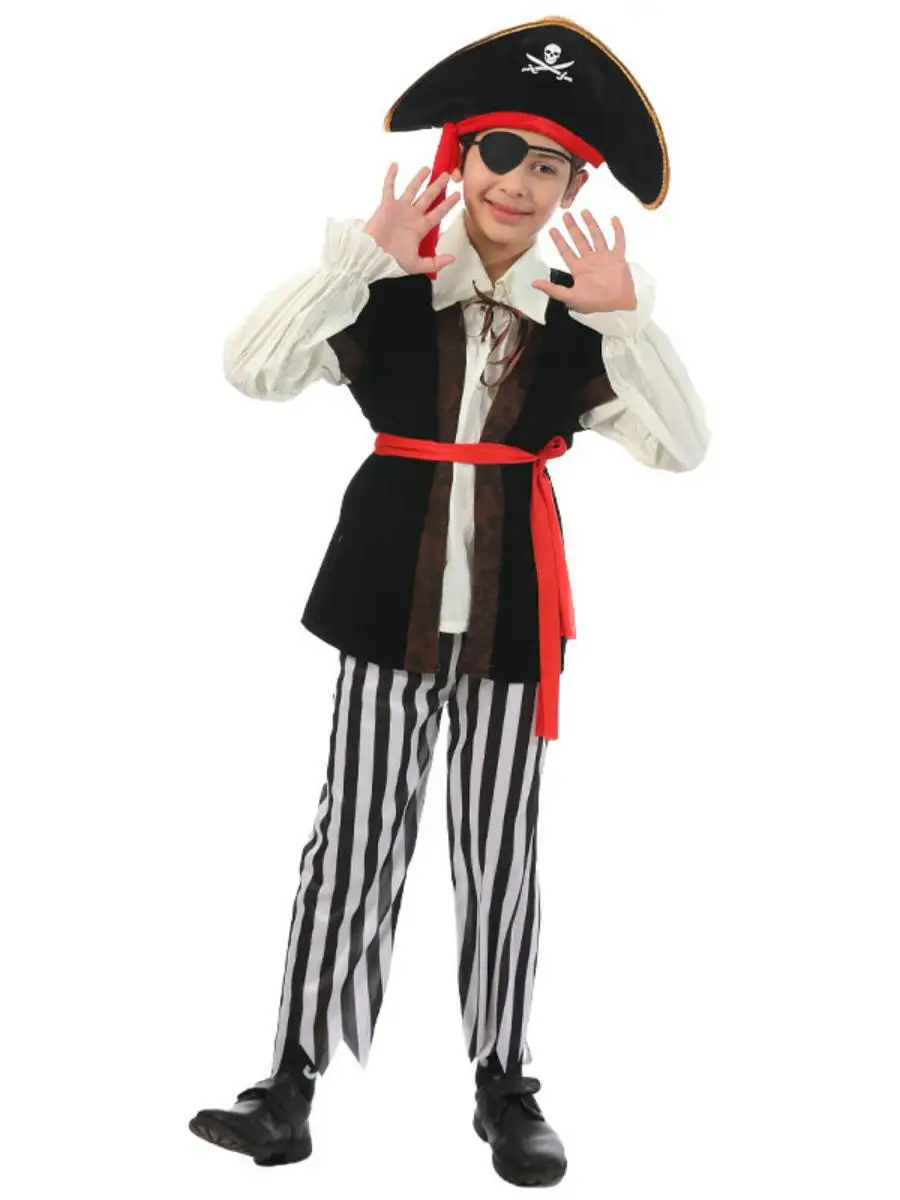 أزياء الهالوين للأطفال Ja Pirate Captain Boys Girls Par Performance Suit Hat Set مرحلة الأداء التقليدي الذقن...