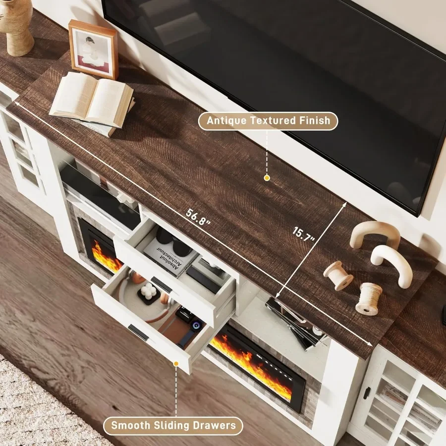 เตาผิงไฟฟ้า 85 นิ้ว พร้อมชั้นวางทีวีและชั้นวางของ  พร้อมเตาผิงไฟฟ้า 42 นิ้ว สำหรับทีวี 65 นิ้ว พร้อมเต้ารับไฟฟ้าในตัว สไตล์ฟาร์มเฮาส์
