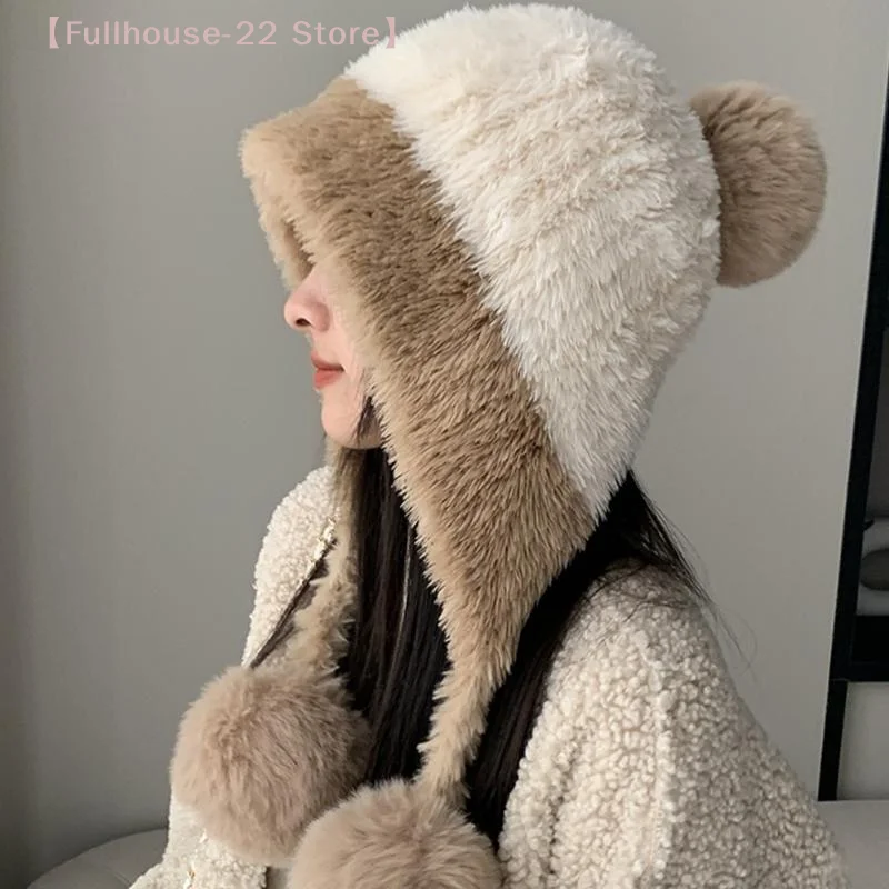 【MAX-22】Winter Plush Wool Hat For Women Girls Cute Ear Muffs Windproof Knitted Cap For Cold Weather