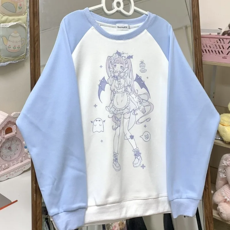 High Quality Cotton Raglan Sleeve O-neck Hoodies Japan Grunge Anime Girl Print Cute Sweatshirt Pullover Loose Oversized Pullover