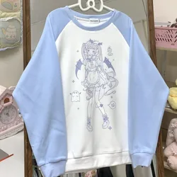 High Quality Cotton Raglan Sleeve O-neck Hoodies Japan Grunge Anime Girl Print Cute Sweatshirt Pullover Loose Oversized Pullover