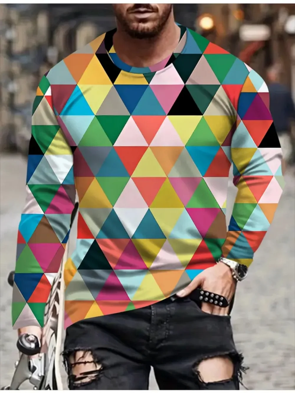 T Shirts for Man Geometric Block 3D Print Autumn Long Sleeve T
