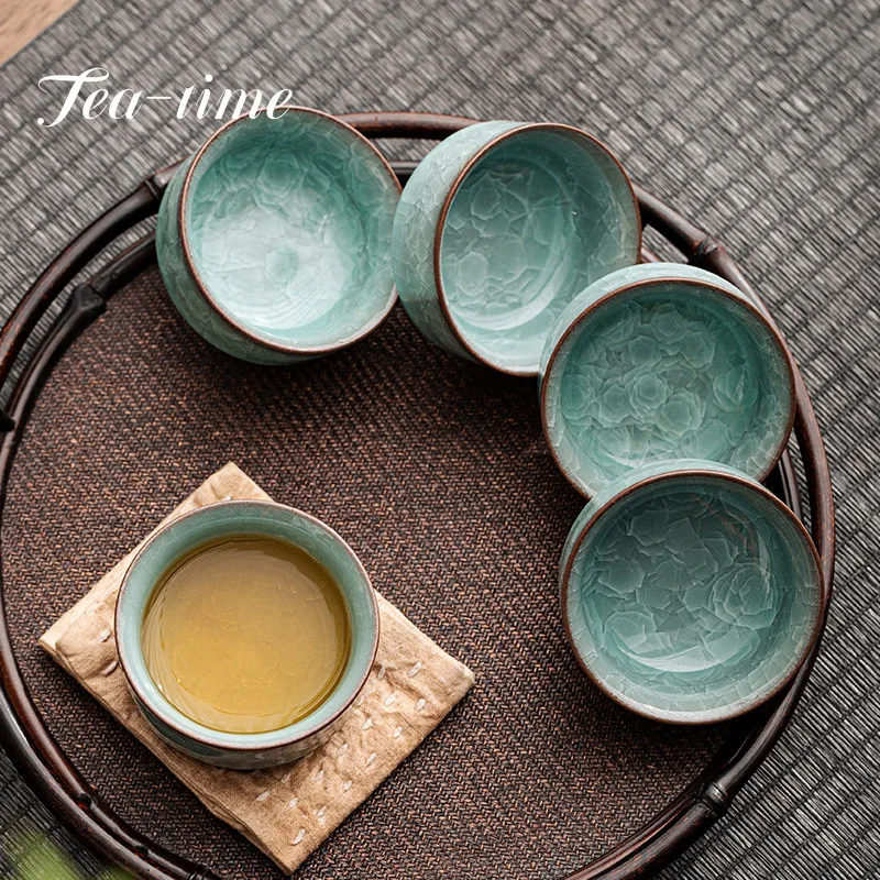 Boutique Longquan Black Ice Celadon Master Cup Handmade Ice Cracked Ceramic Tea Bowl Teaset Chazhan Large Tea Sake Cup Drinkware