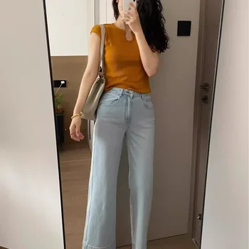 오렌지 U 넥 스몰 플라이 슬리브 니트 아이스 실크 슬림핏 슬리브 숄더 티셔츠 여성 디자인 센서티브 크롭 탑 여름