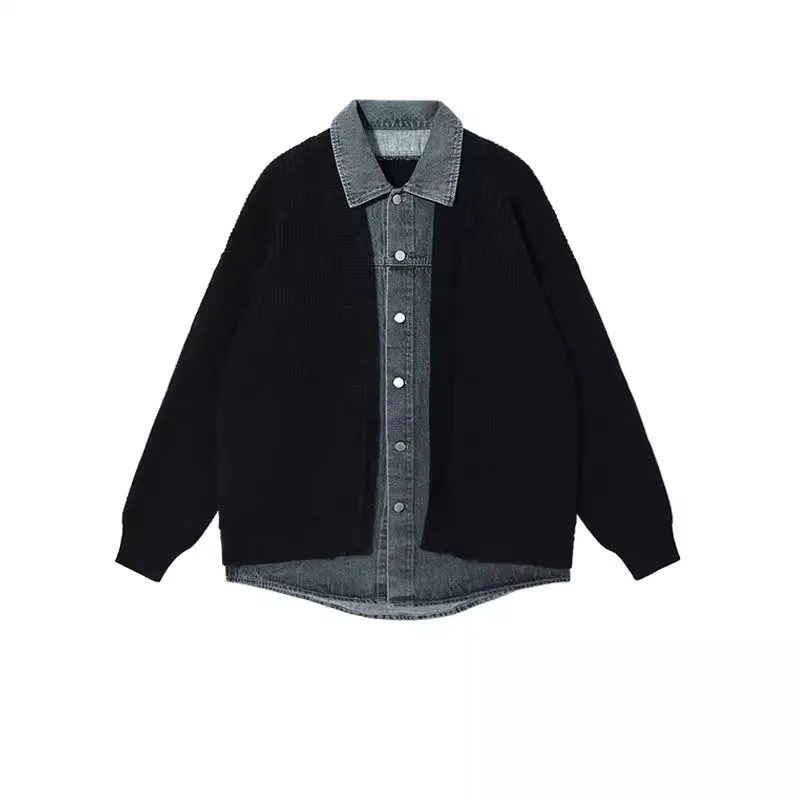 เสื้อคาร์ดิแกนไหมพรมถักแบบเปิดทรงหลวมสไตล์ลำลองสำหรับผู้ชาย ไซส์ใหญ่ 300 ปอนด์  ผ้าเดนิม  ตัดต่อทันสมัย  ใส่สบาย