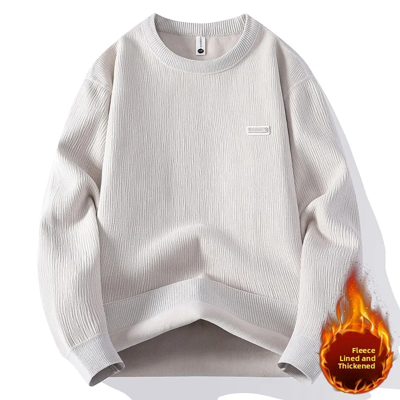 

Мужской вязаный свитер с флисовой подкладкой, утепленный, повседневный, базовый, простой, высококачественный, теплый, мягкий, комфортный, из полиэстера.