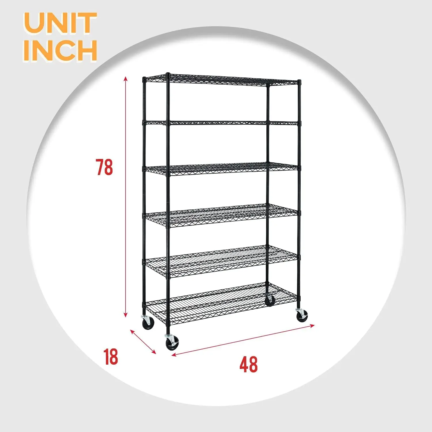 

FDW 48"L×18"W×76"H Wire Shelving Unit Metal Shelf with 6 Tier Casters Adjustable Layer Rack Strong Steel f