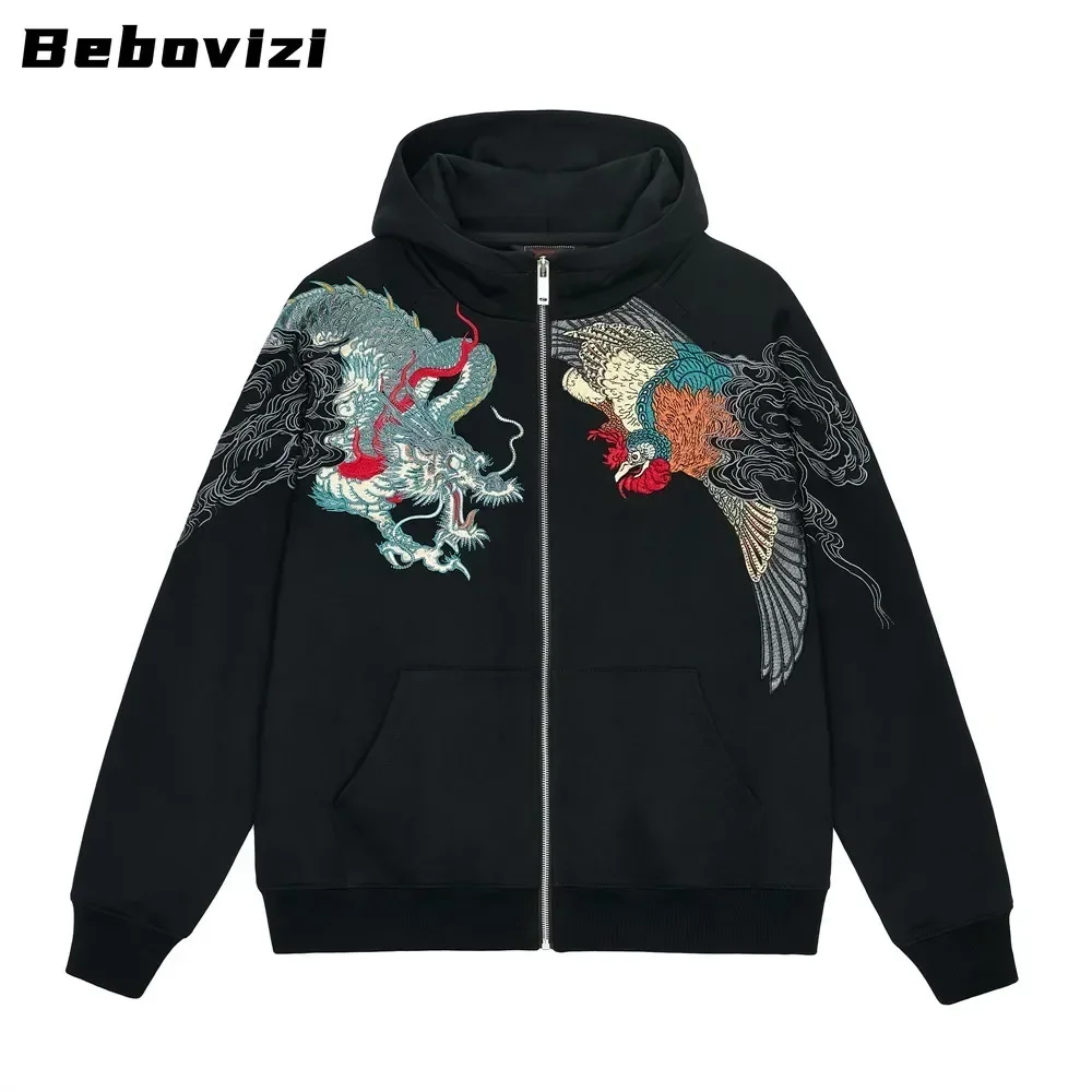 High Quality Chinese Dragon Embroidery Hip Hop Vintage Zip Hoodie Autumn Men Japanese Harajuku Streetwear Sweatshirt