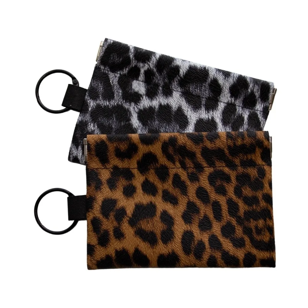 New Leopard Print Coin Purse Automatic Closure Squeeze Opening Key Ring Pouch Portable Earphone Case Men Women