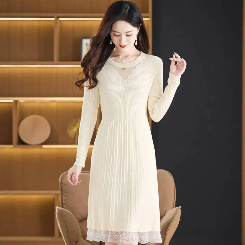 

Women Slim Fitting Dresses Beige Red Coffee Black Long Sleeve Round Collar Knitted One Piece Dress Lace Hem Design Kntiwear Lady