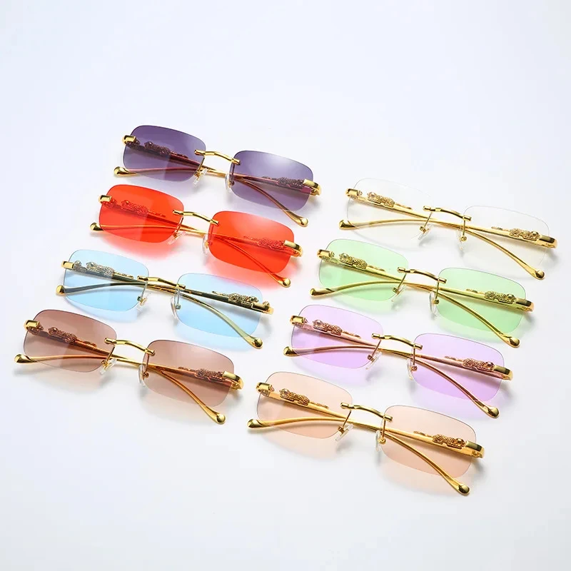 New Rimless Rectangle Vintage Metal Leopard Head occhiali da sole Fashion Frameless occhiali colorati Shades per donna uomo