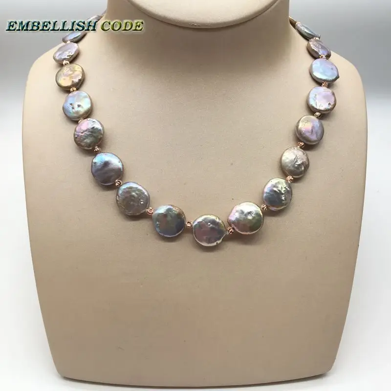 Unusual Colour Pearl Choker Necklace Gray Few Purple Round Coin Flat Shape Freshwater Fold Face +5cm Extended Chian