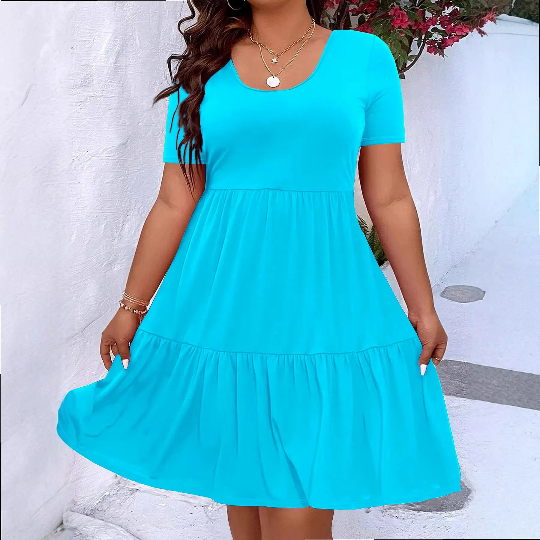 Plus Size Dress, Dresses for Women Spring Summer, Solid Color Smocked Ruched Casual Round Neck Dress, Jumpsuit Playsuit Overall