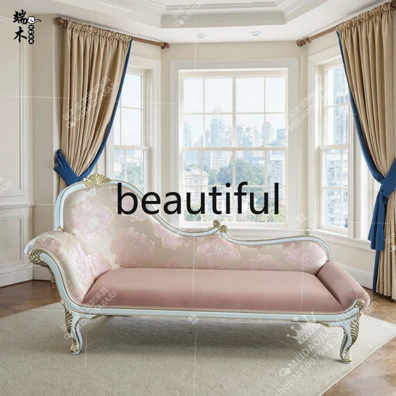 French solid wood chaise longue European pink velvet recliner fabric leisure sofa