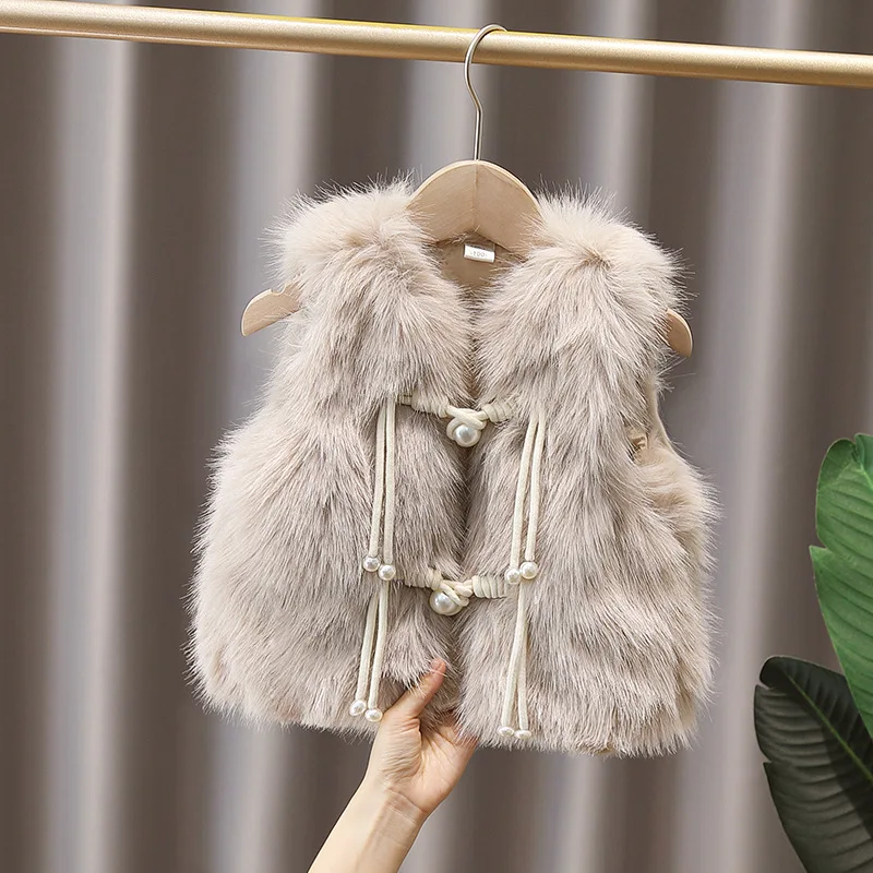 1-12Y Girls Bows Faux Fur Vest Waistcoat Teens Kids Thickened Warm Velvet Cotton Tops Jacket Outwear for Children's Clothing