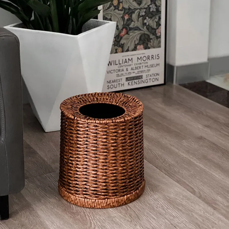 Retro Double Layer Paper Basket New Chinese Style Rattan Trash Can for Living Room Bedroom Bathroom Home Storage Bin