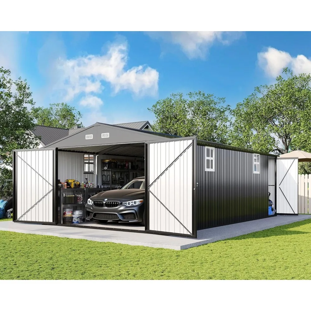 

10x21x7.3 Ft Outdoor Metal Garage Shed, Extra-large Storage Shed with Double-hinged Door and 4 Windows