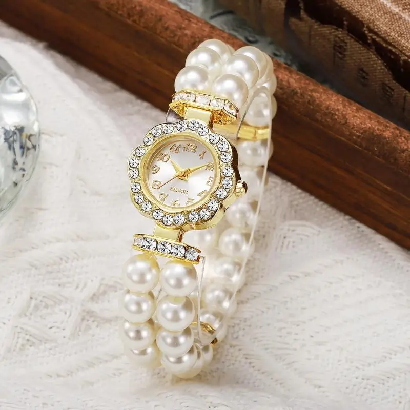 gn trade popular double row imitation pearl elastic elastic watch, light luxury flower inlaid diamond full digital women's watch