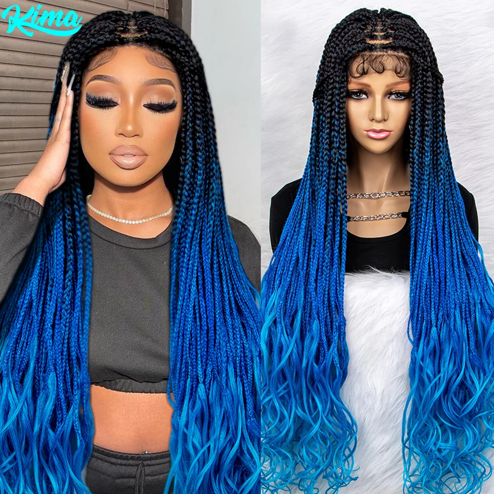 

Blue Gradient Color Colorful Braided Wigs Synthetic Lace Front Wig 9x6 Lace Front Braided Wig Water Wave Wavy for Black Women