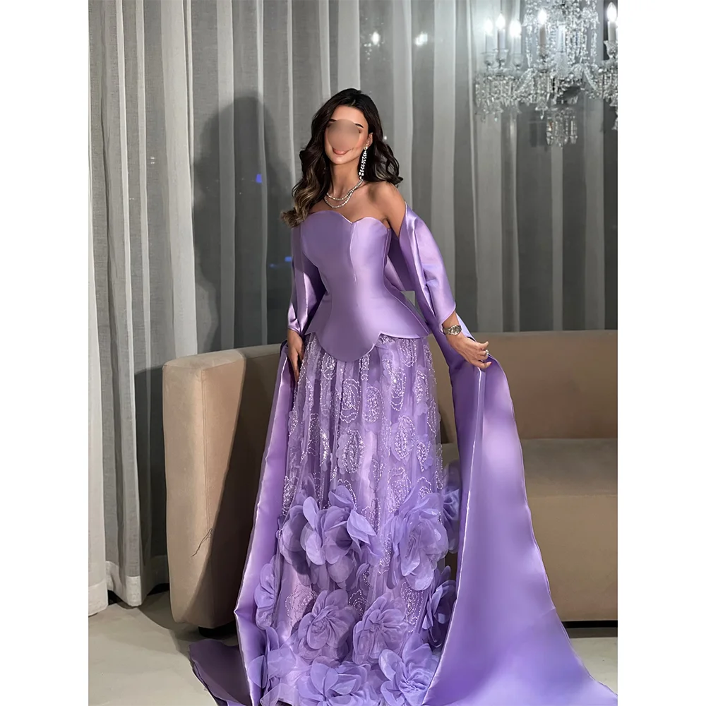 

Lilac Prom Dress Strapless Satin 3D Flower Sequin Bead Luxury Evening Dresses A Line Floor Length Formal Party Gowns Customized